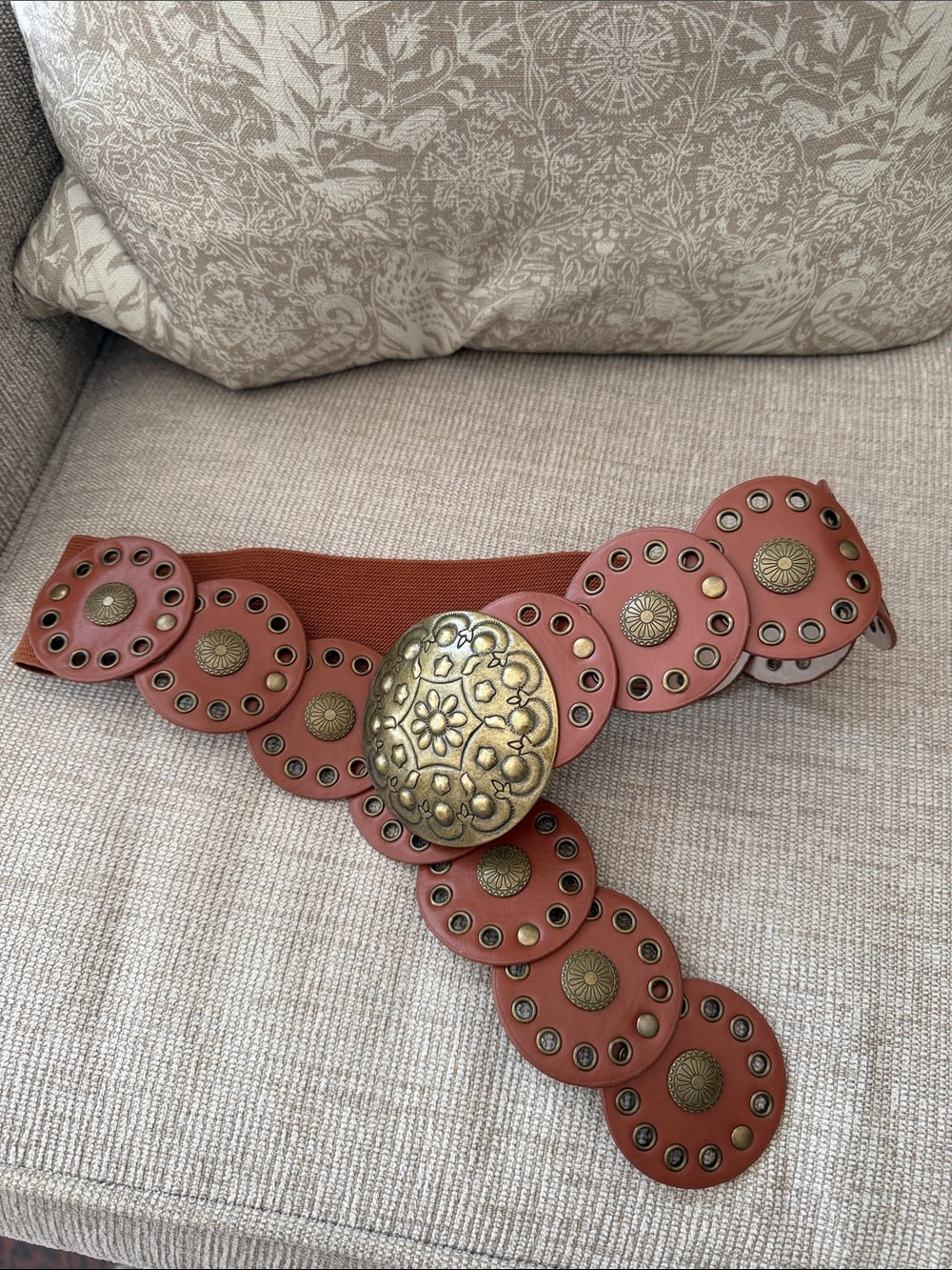 Boho Brown Leather Elastic Belt with Ornate Gold Medallion